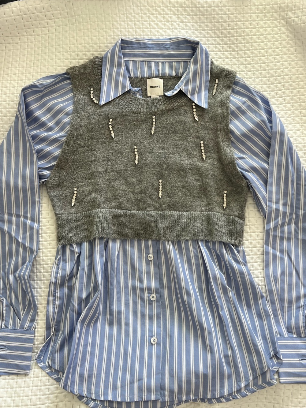 Anthropologie Maeve cropped vest with button down “twofer”.